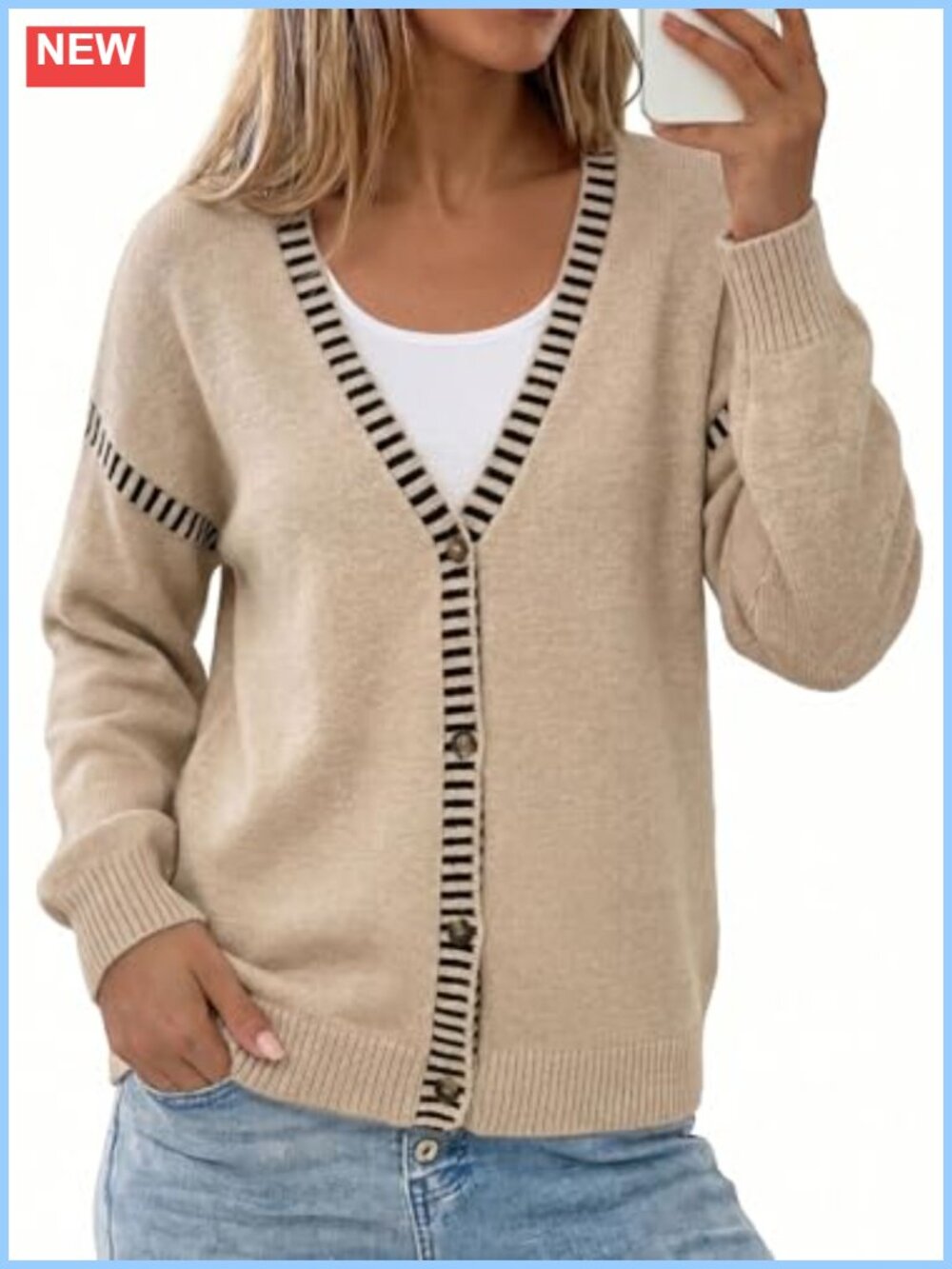 Oversized V-Neck Button Front Cardigan Sweater with Stripe Trim